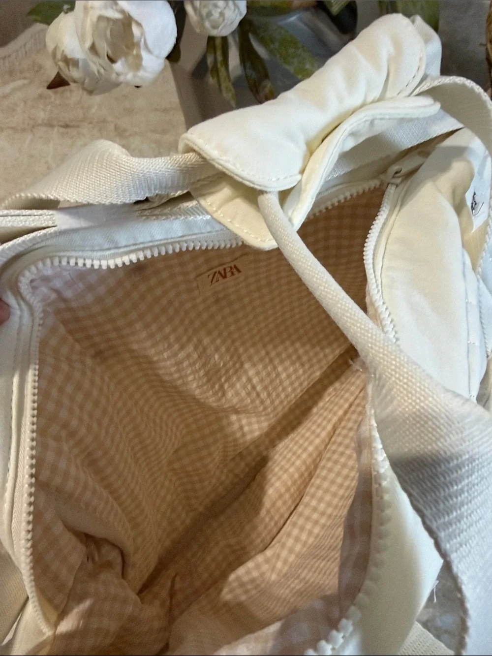 Zara Cream Quilted Kids diaper Shoulder Bag with Brown Floral Embroidery